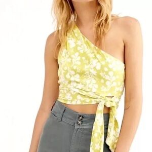 FREE PEOPLE One Shoulder Carmen  Crop Top Sz  L Stretch Tie Waist  Smocked Print